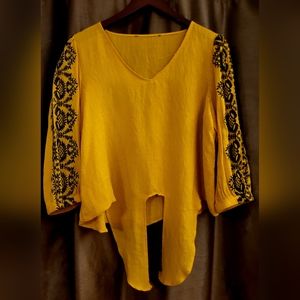 Yellow Linen Embroidered Tie Top M